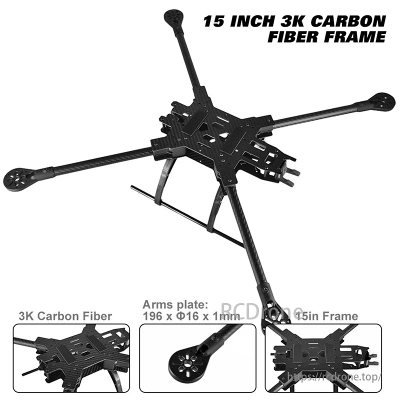 Carbon Fiber FPV Drone Frame, 15-inch 3K carbon fiber drone frame, arms plate dimensions 196 x Φ16 x 1mm, lightweight and strong for optimal performance.