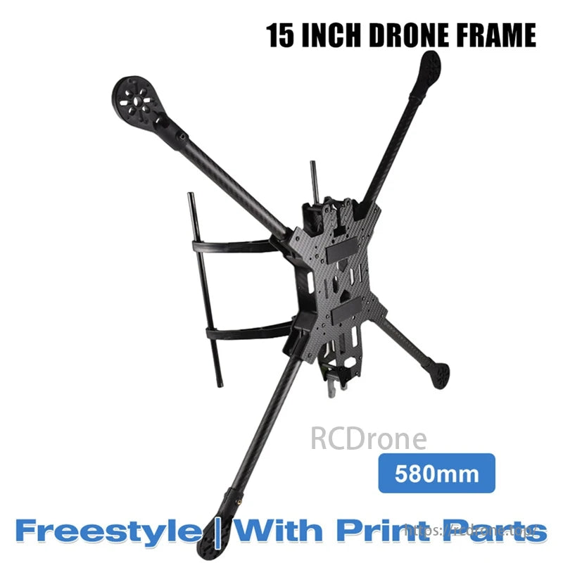 Carbon Fiber FPV Drone Frame, A 15-inch freestyle drone frame with printed parts, measuring 580mm in length.