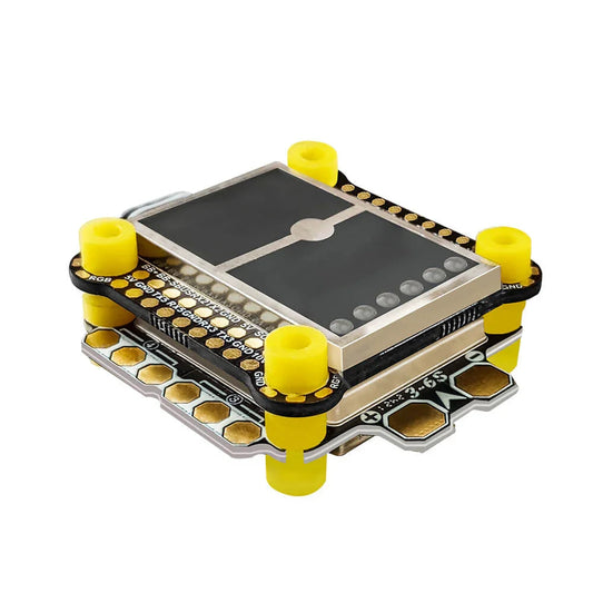 DarwinFPV Cement F4 FC + 60A waterproof ESC stack, 30.5x30.5mm, angled view with yellow gummies