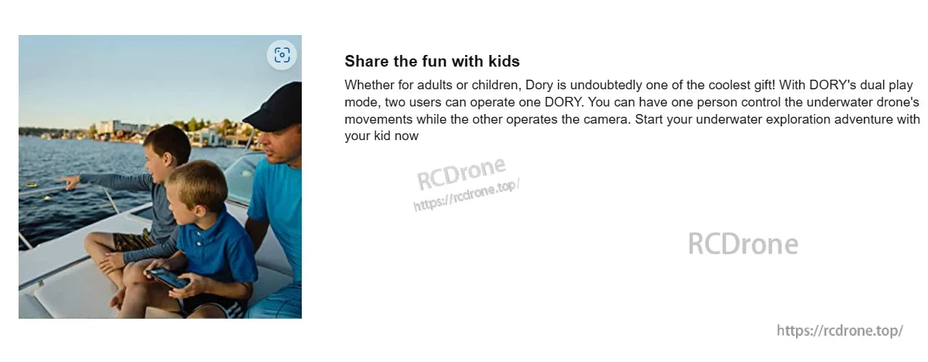 Chasing Dory Rov Camera, DORY's dual play mode lets two users control the drone and camera separately, sharing underwater adventures with kids.