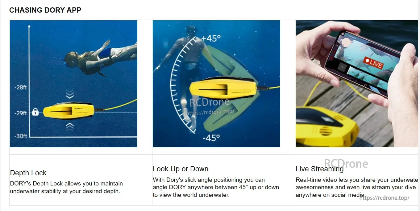 Chasing Dory Rov Camera, Depth Lock maintains stable depth; adjustable angle and live streaming enable real-time sharing. Controlled via smartphone through cable connection for immersive, visible, responsive underwater exploration.