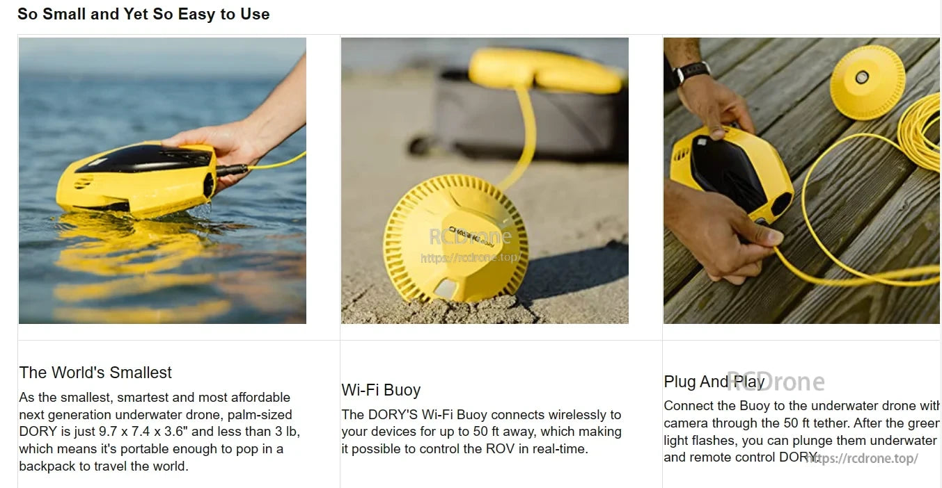 Chasing Dory Rov Camera, The Chasing Dory ROV is compact, portable, and features a Wi-Fi buoy for real-time control up to 50 ft, with easy plug-and-play setup for convenient underwater exploration.