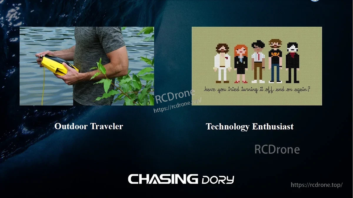 An outdoor traveler uses the Chasing Dory ROV camera, while a tech enthusiast appreciates pixel art humor.