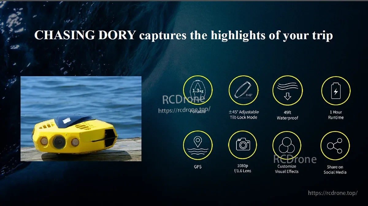 Chasing Dory Rov Camera, Underwater robotic boat with high-definition camera, GPS navigation, and waterproof features for exploring depths.