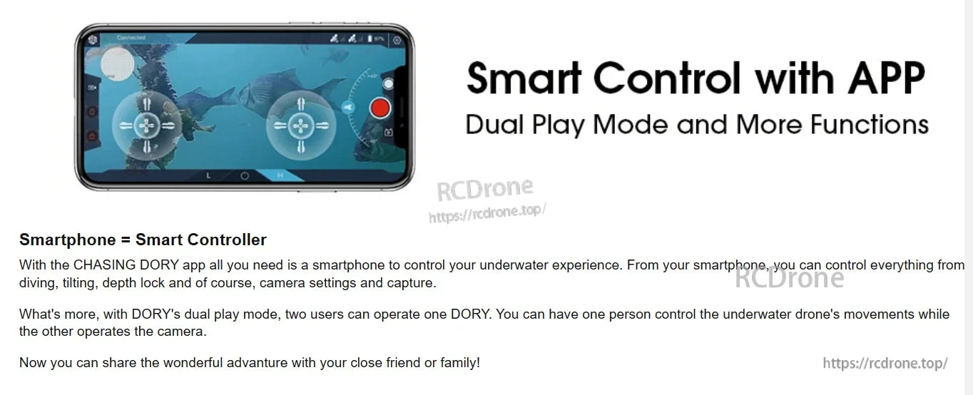 Chasing Dory Rov Camera, App-controlled underwater drone allows dual-user operation, sharing control of movement and camera, with diving, tilting, depth lock, and media capture features for shared adventures.