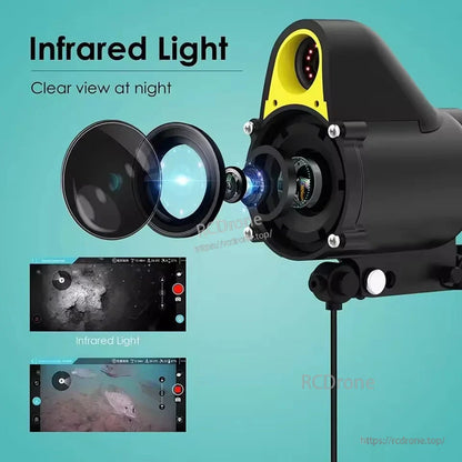 Chasing F1 Pro Underwater ROV Drone, Infrared 1080P camera drone with night vision, 28m depth, GPS, 4 thrusters, swappable battery, and 256GB microSD for clear underwater viewing.