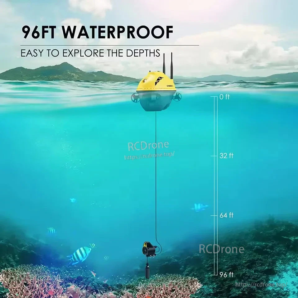 Chasing F1 Pro Underwater ROV Drone, Waterproof ROV drone with 1080P camera, GPS, 4 thrusters, IR, 28m depth, 256GB storage, swappable battery, operates up to 96ft underwater.