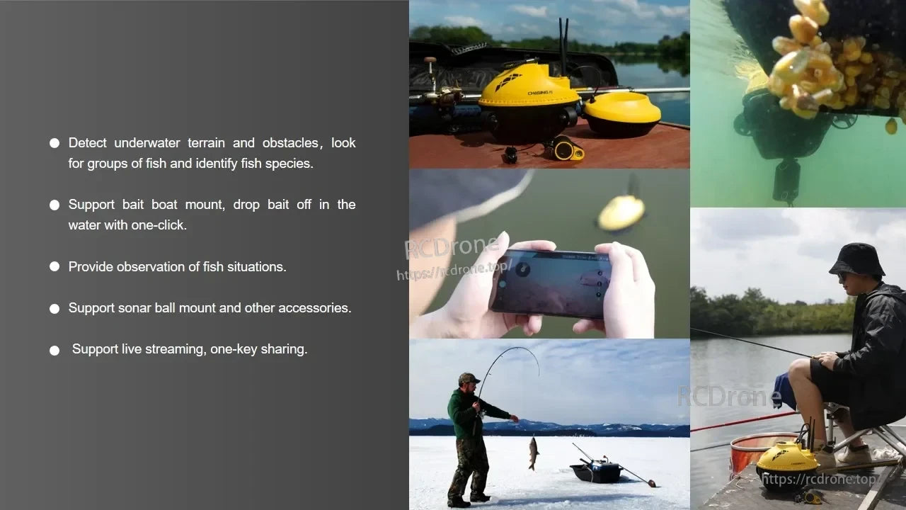 Chasing F1 Pro Underwater ROV Drone, Underwater ROV detects terrain and fish, supports bait boat, sonar, live streaming, and one-click sharing for easy underwater exploration.