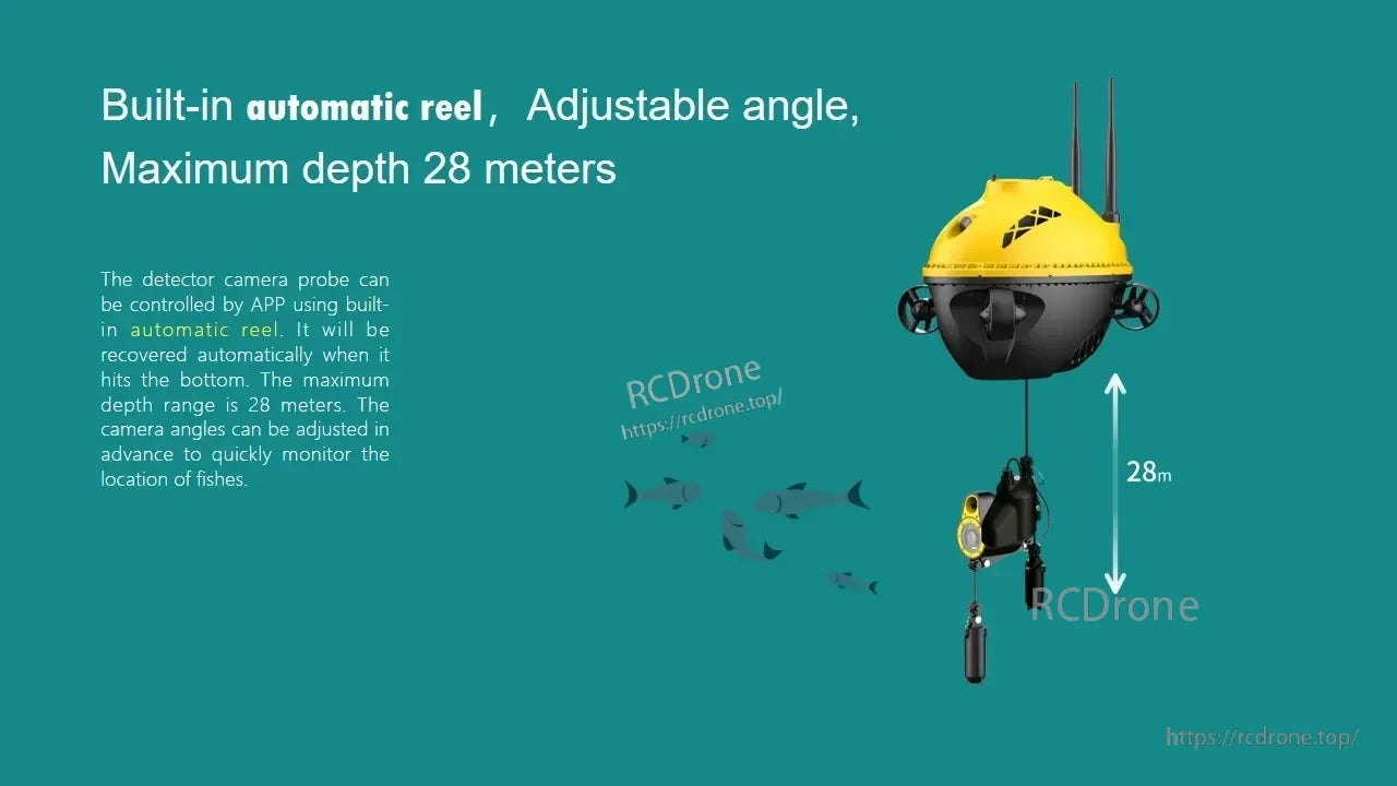 Chasing F1 Pro Underwater ROV Drone, Automatic reel with adjustable angles, 28m depth; app-controlled camera features auto-recovery for efficient fish monitoring.