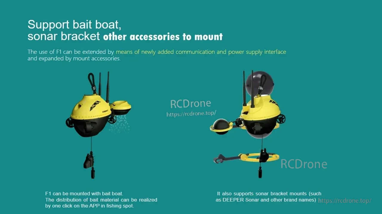 Chasing F1 Pro Underwater ROV Drone, F1 Pro ROV features bait boat and sonar mounts, app-controlled bait distribution, and supports multiple sonar brands via enhanced power and communication interfaces.