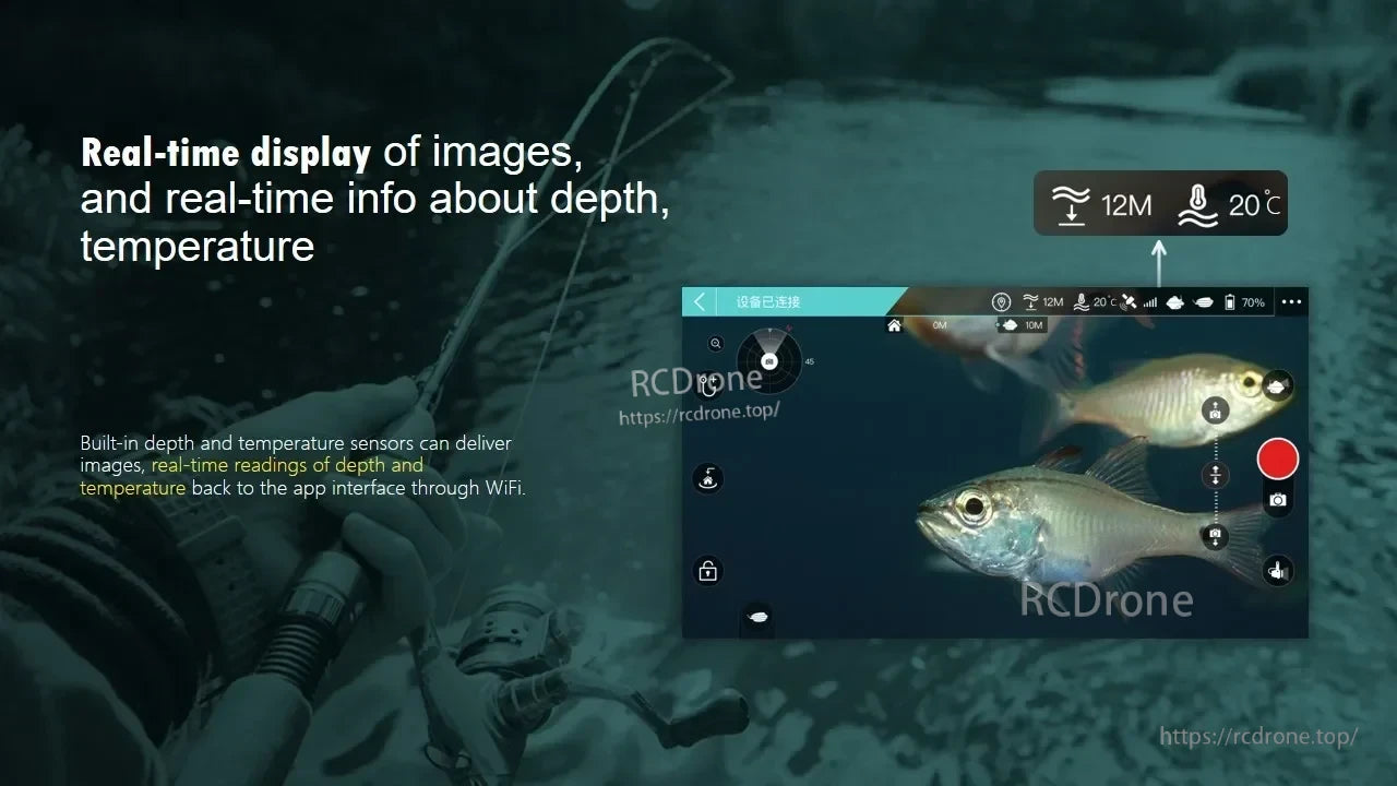 Chasing F1 Pro Underwater ROV Drone, Live image, depth, and temperature displayed through WiFi app with integrated sensors. (14 words)