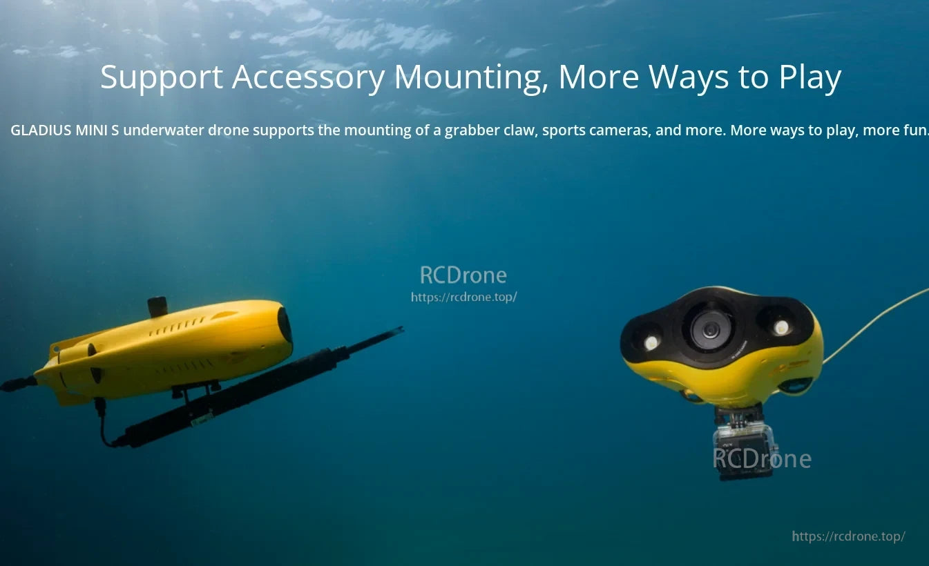 Chasing GLADIUS MINI S Underwater Drone, GLADIUS MINI S supports accessories like grabber claws and sports cameras for enhanced underwater fun.
