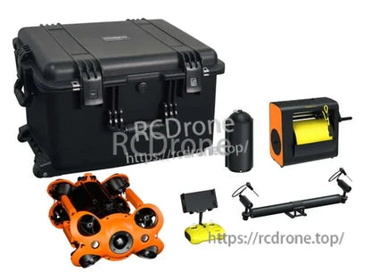 Industrial underwater ROV with 150m depth, 4K/12MP camera, 8-thruster omni-movement, and AC/DC power for versatile submersible operations.