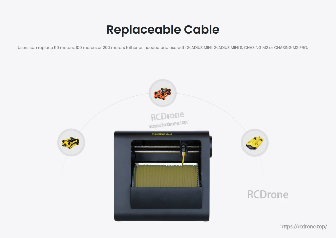 Chasing M2 Reel, Replaceable cable for 50/100/200m tether, compatible with GLADIUS MINI, GLADIUS MINI S, CHASING M2, and CHASING M2 PRO underwater drones.