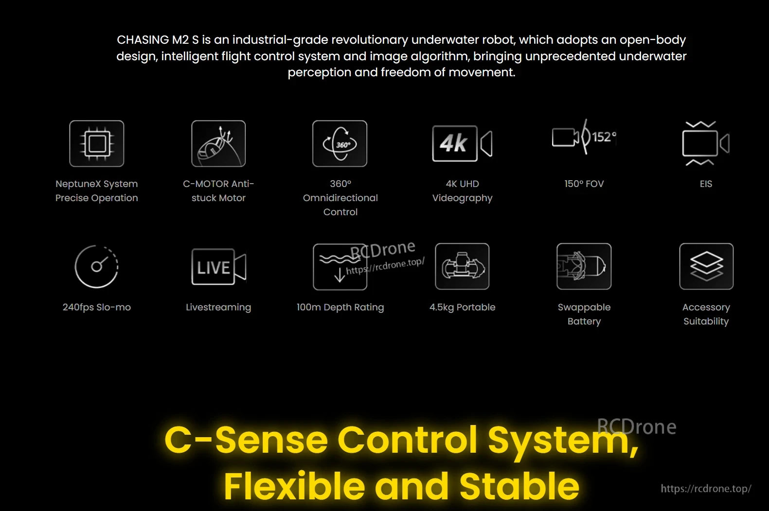 Chasing M2 Underwater ROV, Chasing M2 is an underwater robot with open-body design, intelligent flight control, and image algorithm for unprecedented perception and movement.