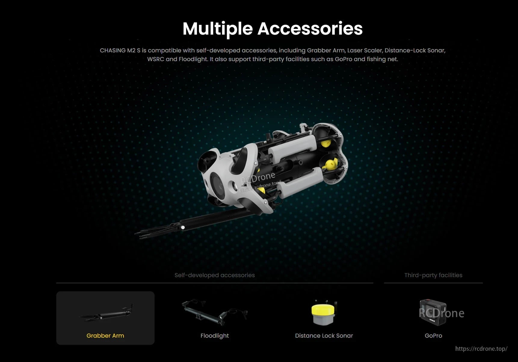 Chasing M2 Underwater ROV, The CHASING M2 has multiple accessories for compatibility with self-developed and third-party options like GoPro and Net 1.