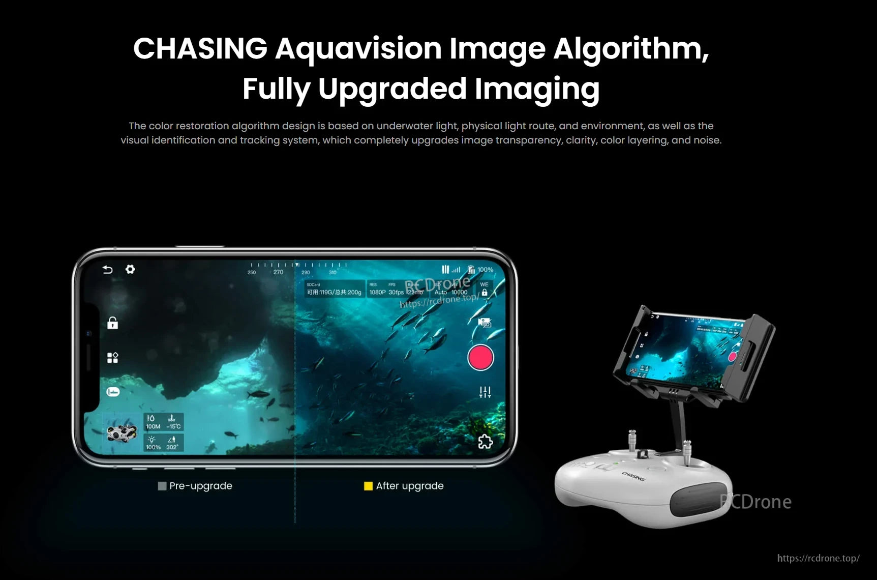 Chasing M2 Underwater ROV, CHASING Aquavision improves underwater imaging with enhanced clarity, color, and reduced noise, visible via smartphone after upgrading.