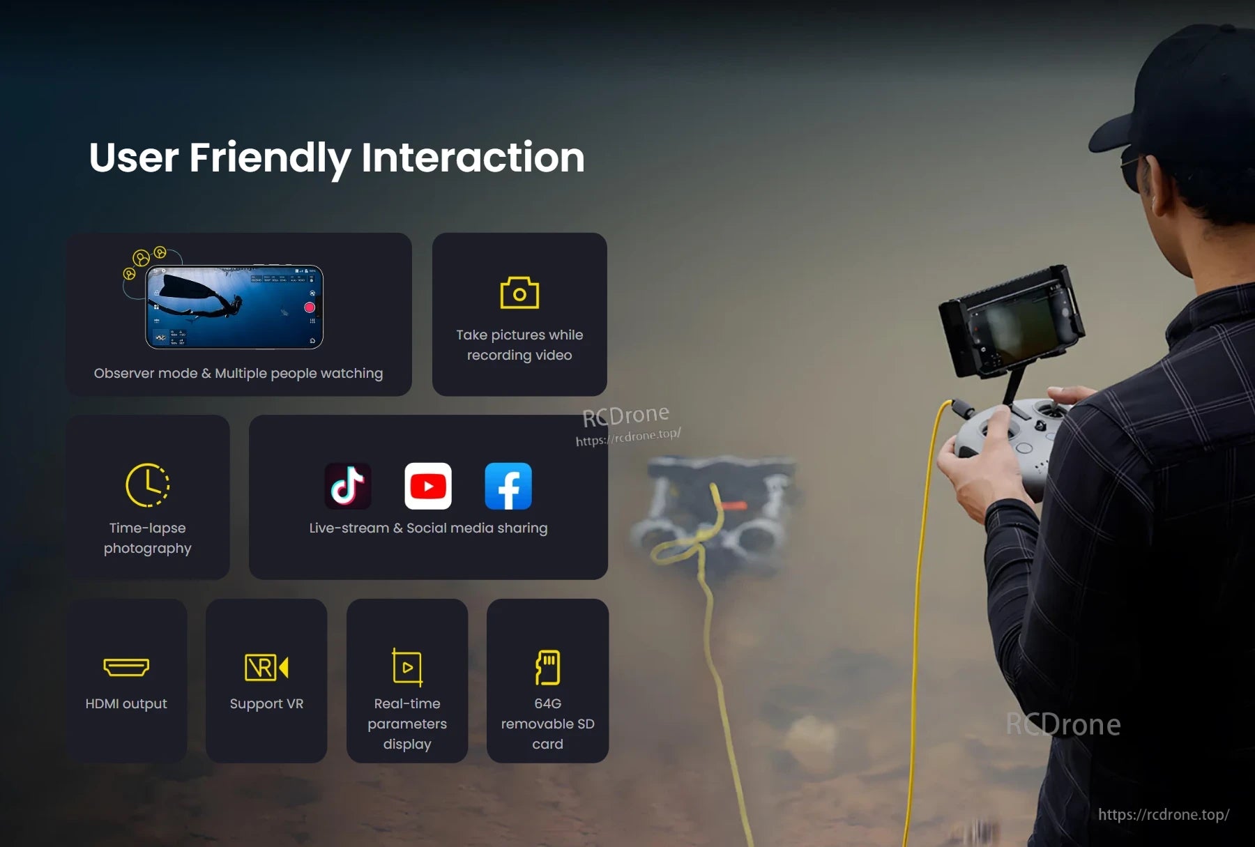 Chasing M2 Underwater ROV, Easy-to-use features: observer mode, photo-in-video, time-lapse, live streaming, social sharing, HDMI, VR support, real-time display, and 64GB SD card.