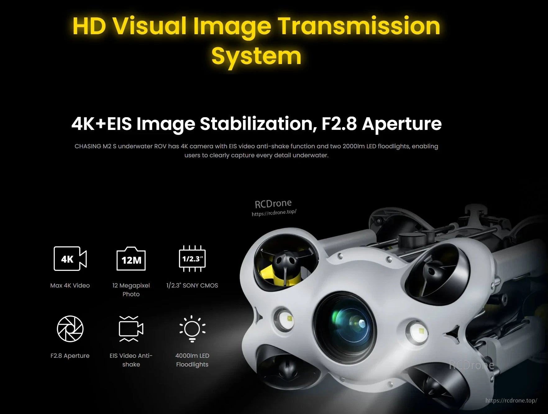 Chasing M2 Underwater ROV, The system captures underwater details using a 4K camera with EIS and 200-lumen LED lights.