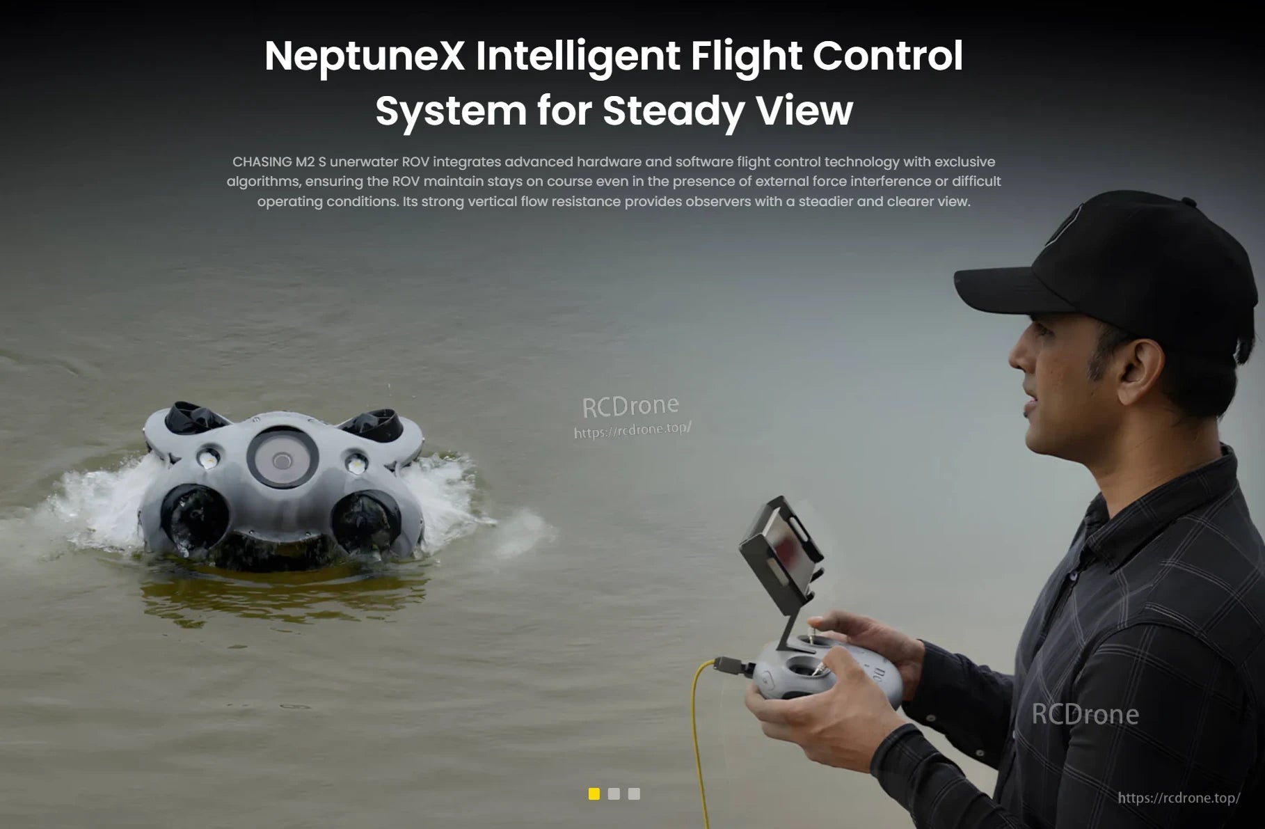 Chasing M2 Underwater ROV, NeptuneX ensures stable views; CHASING M2 S ROV uses advanced tech for steady operation in strong currents and tough conditions. (24 words)