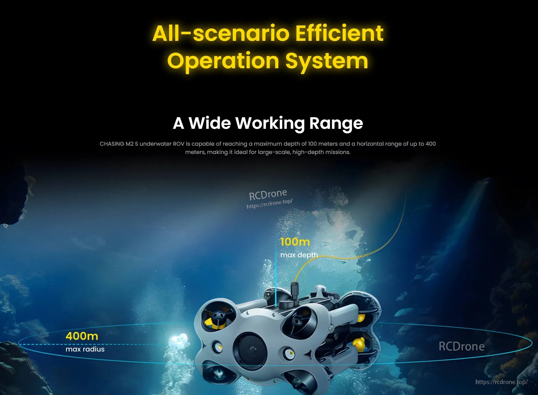 Chasing M2 Underwater ROV, The CHASING M2 S ROV operates efficiently in all scenarios, reaching 100m depth and 400m range, perfect for deep, large-scale missions.