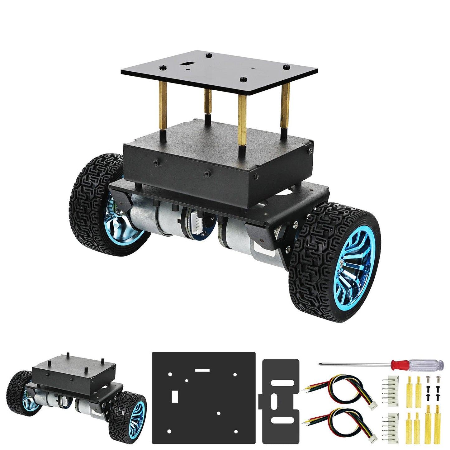 Self-balancing robot car chassis kit with wheels, metal plates, standoffs, wiring leads and screws