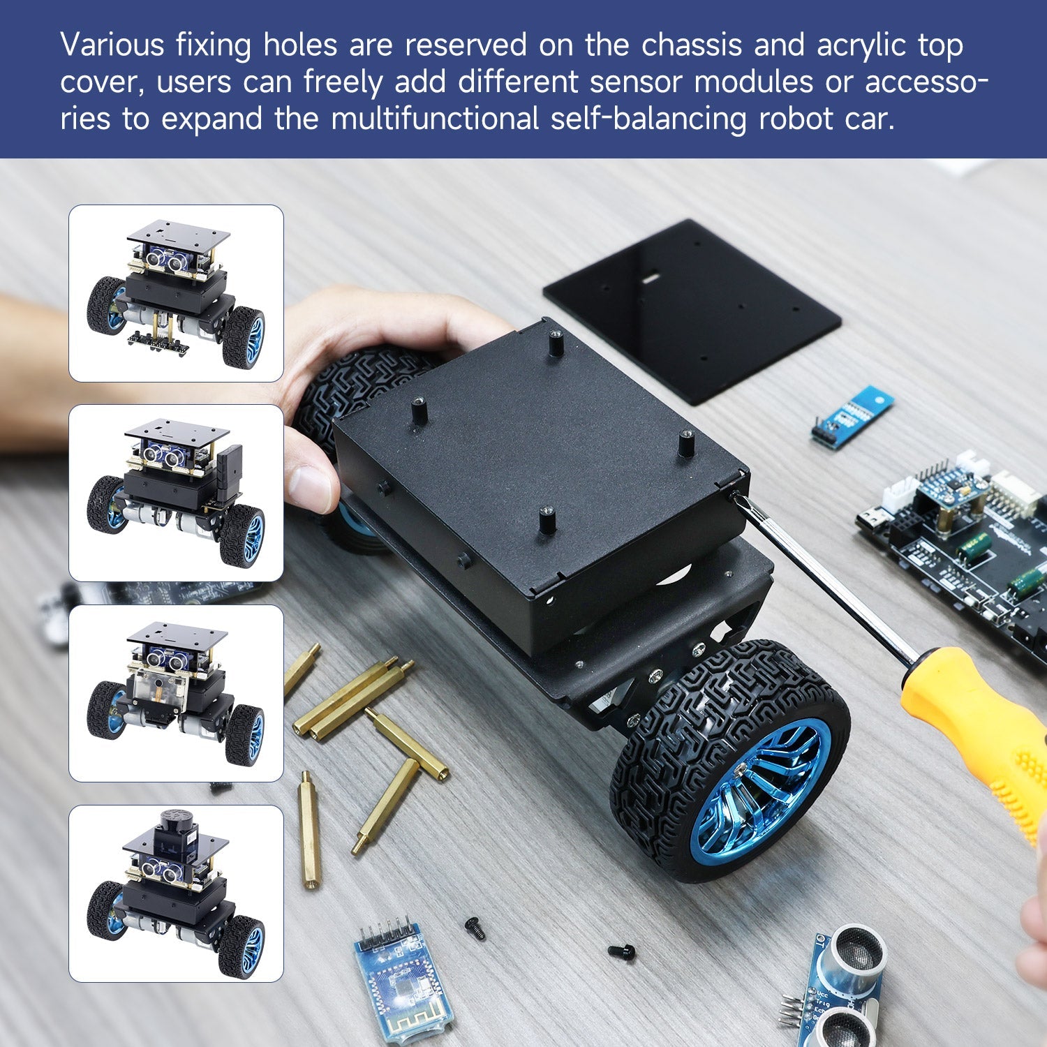 Assembling the robot car chassis with screwdriver, showing mounting holes and hardware on workbench