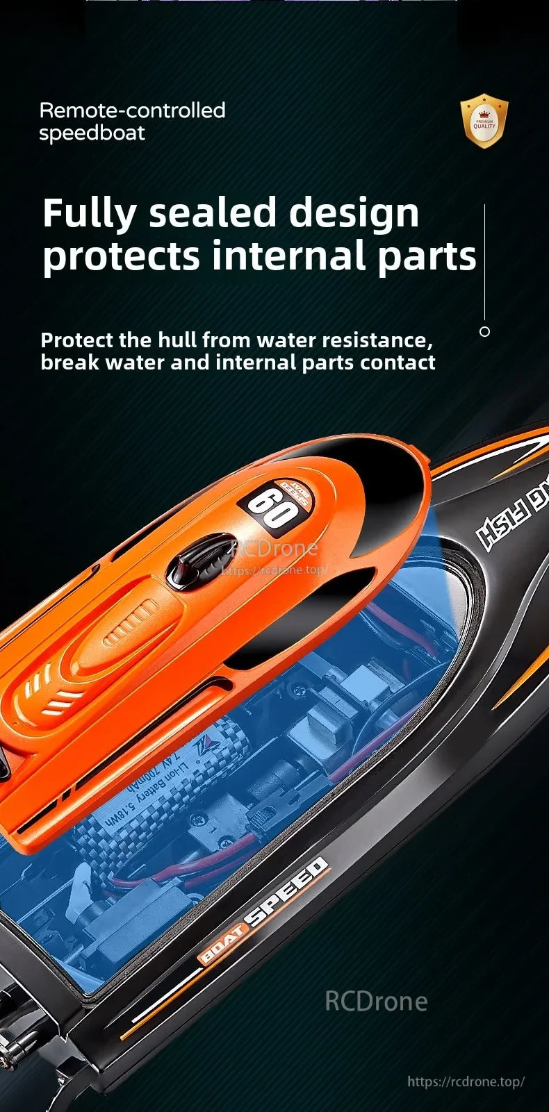 Children 2.4GHz RC Boat, Remote-controlled speedboat with fully sealed design, protecting internal parts from water damage.