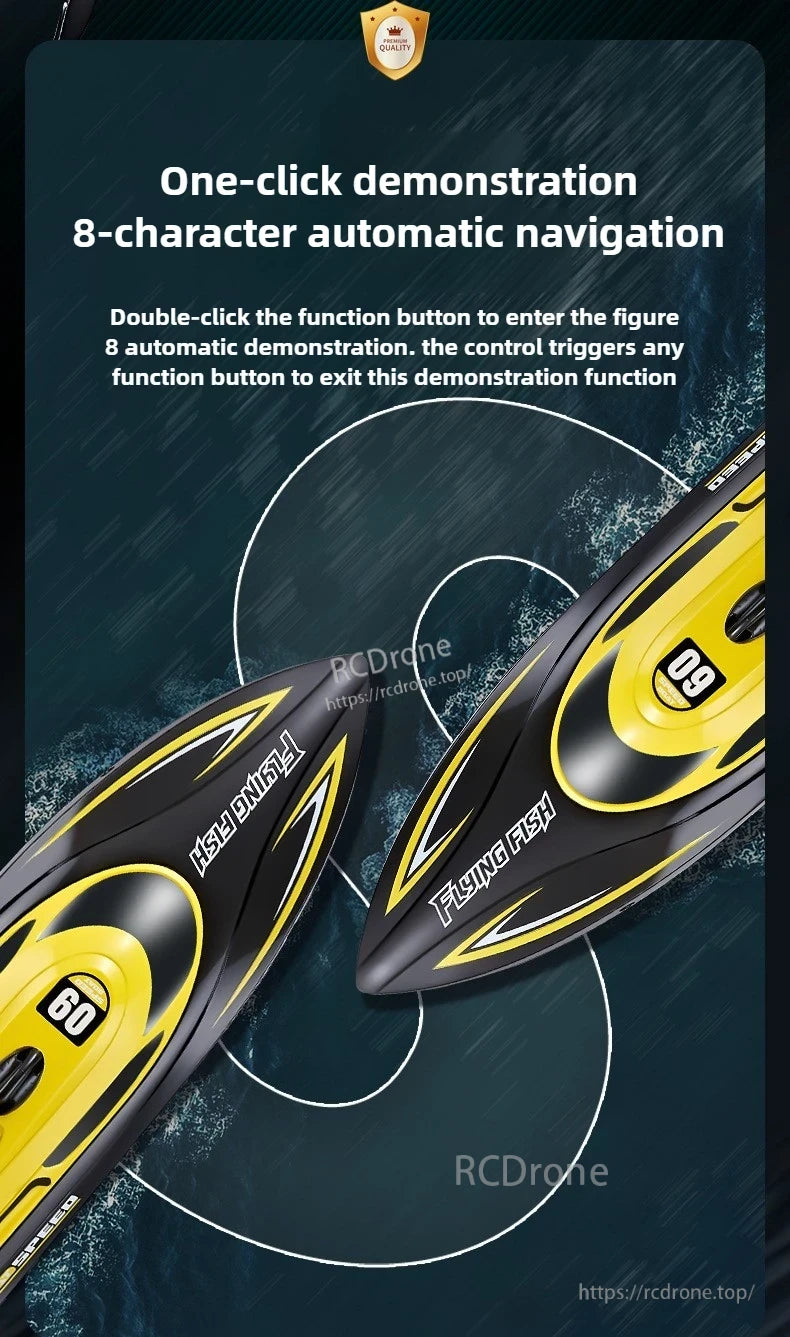 Children 2.4GHz RC Boat, One-click demo with 8-character auto navigation; double-click to start, any button to exit.