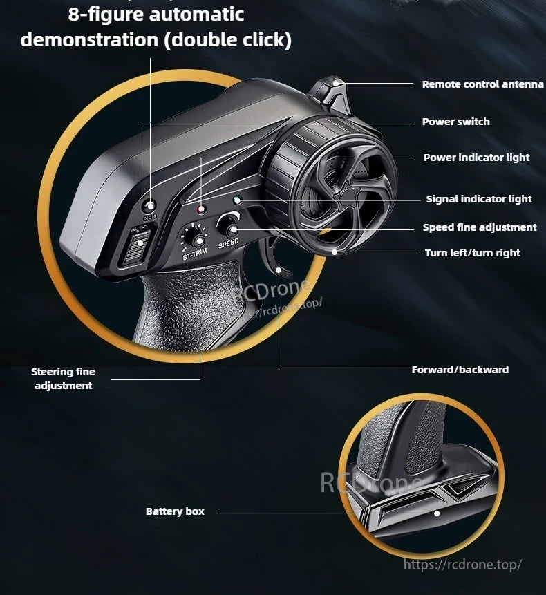 Children 2.4GHz RC Boat, 2.4GHz RC boat remote with antenna, power switch, indicator lights, and adjustment controls for precise operation.