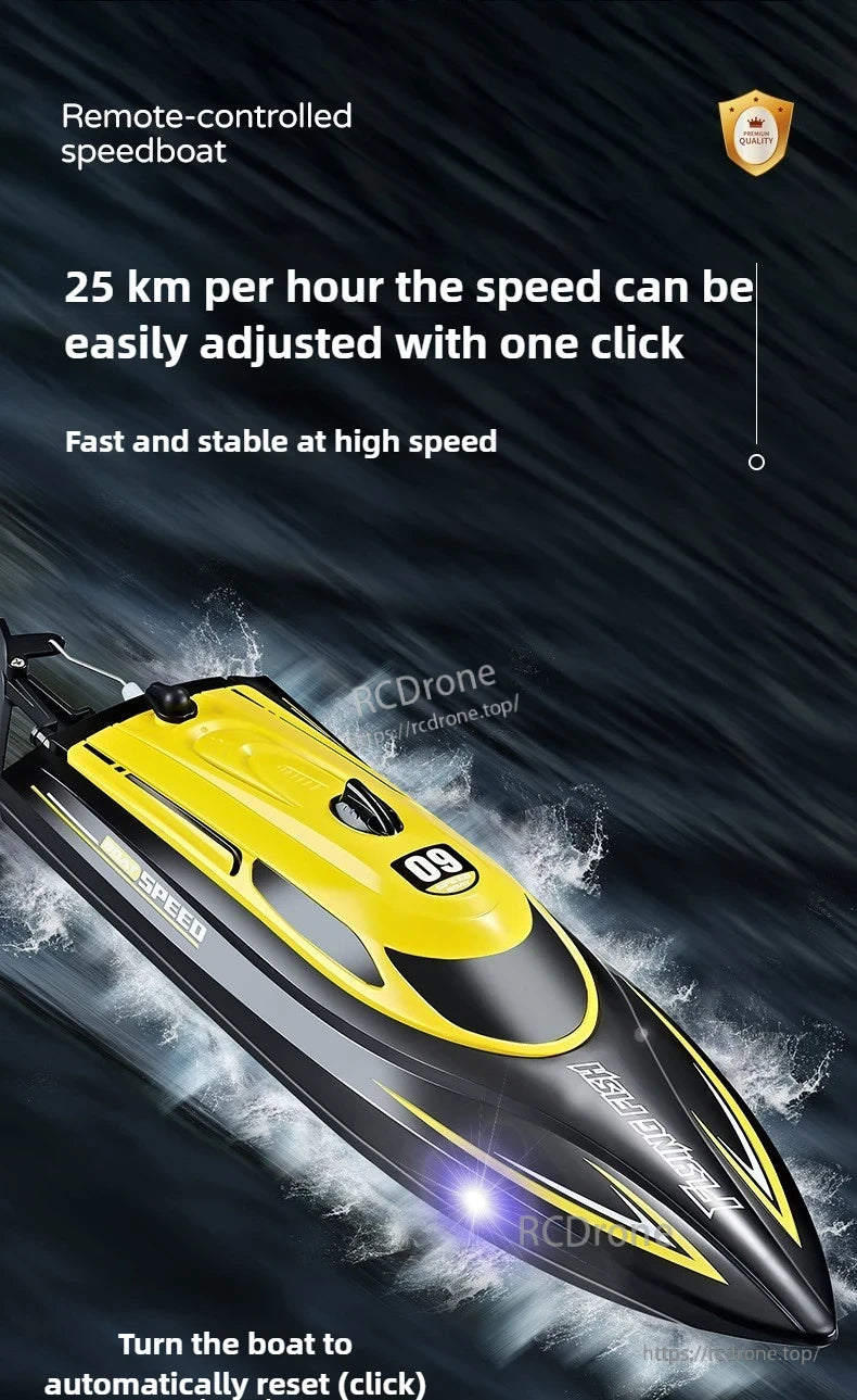 Children 2.4GHz RC Boat, Remote-controlled speedboat with one-click adjustment, reaches 25 km/h, offering fast, stable performance and auto-reset feature for easy operation.