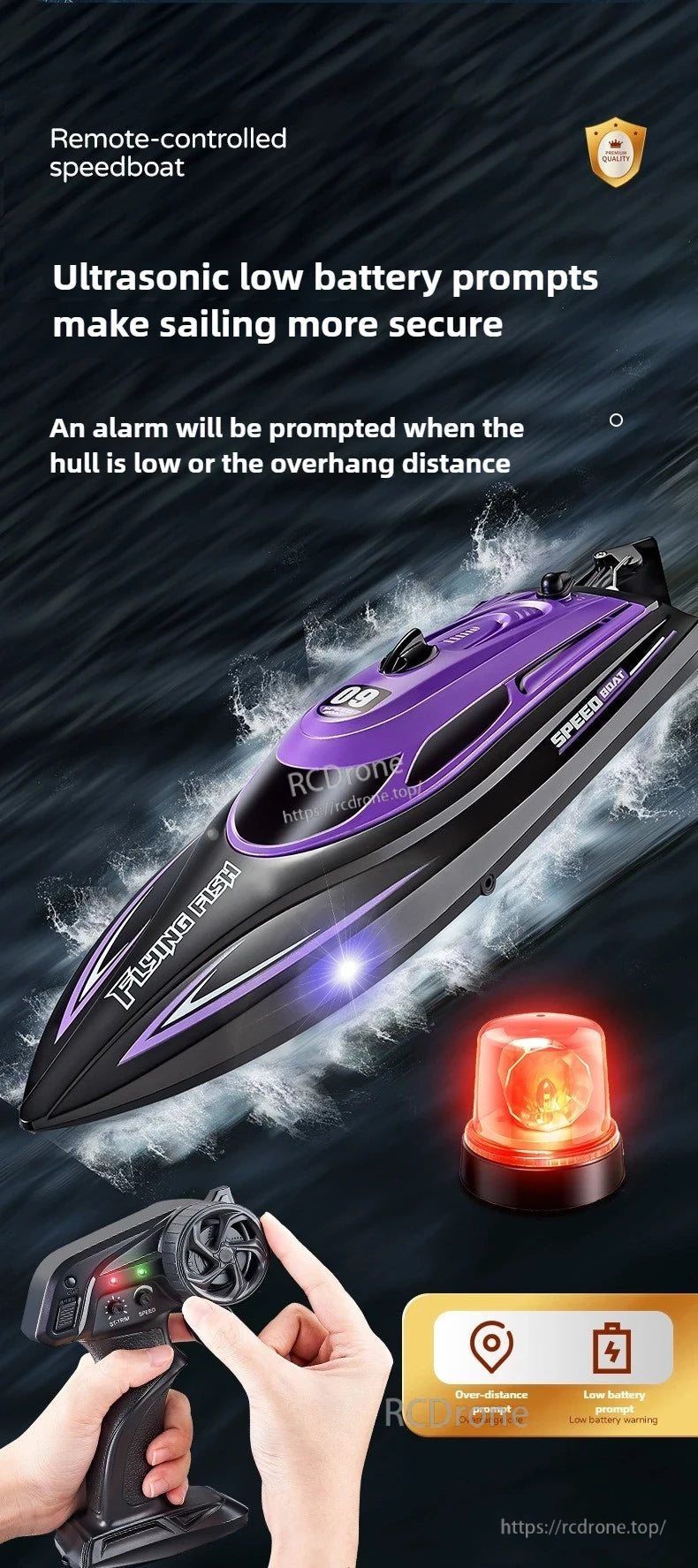 Children 2.4GHz RC Boat, Remote-controlled speedboat features ultrasonic alerts for low battery and excessive distance, ensuring safer operation.