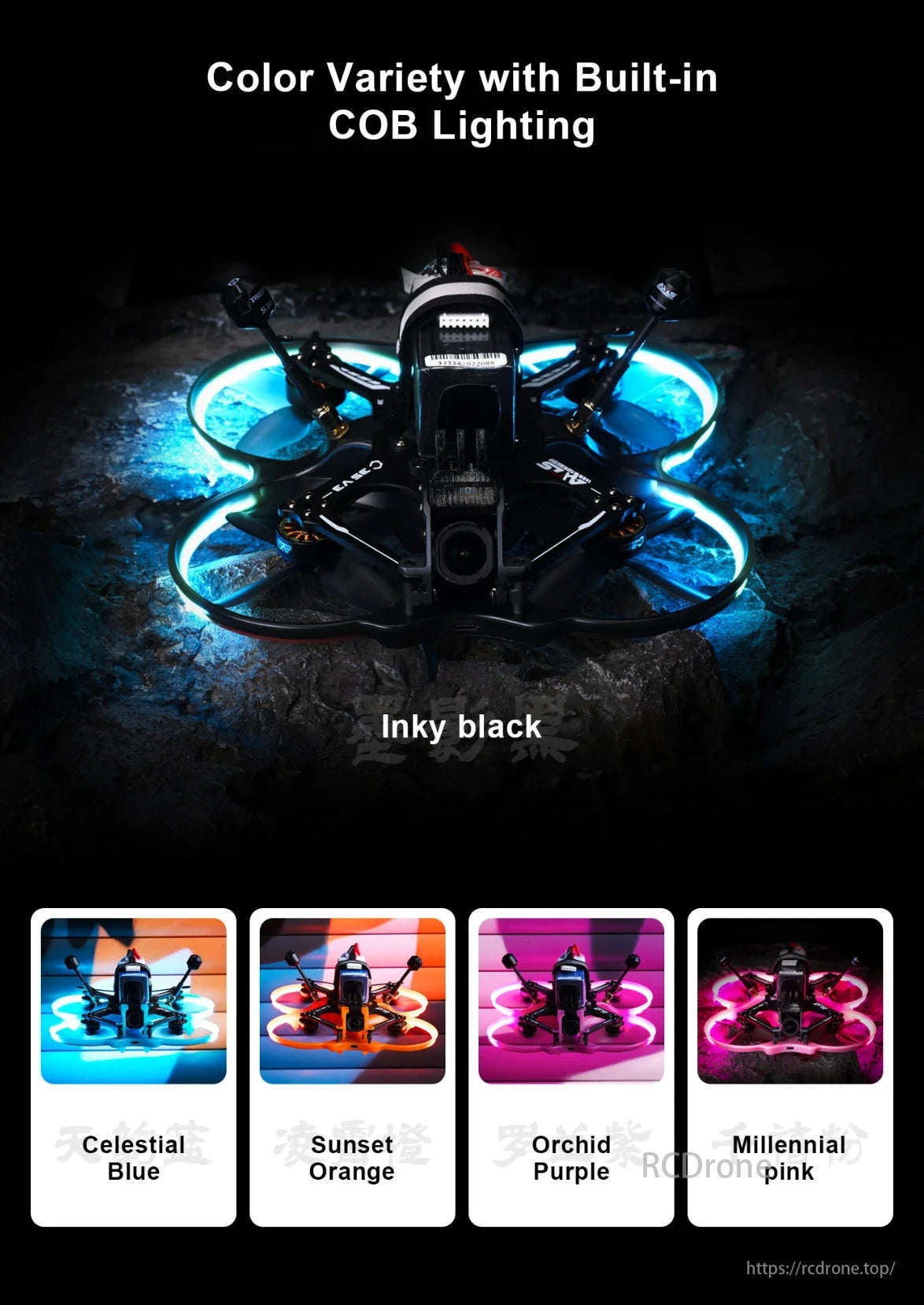 Cineon C35 Cinewhoop Drone, C35 Cinewhoop Drone features COB lighting in Black, Blue, Orange, Purple, and Pink colors.