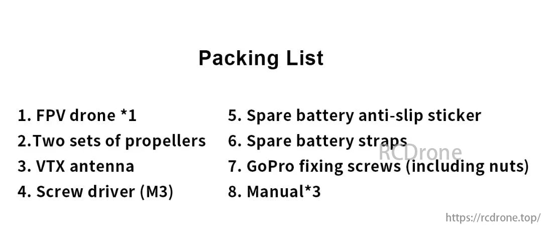 Cineon C35 Cinewhoop Drone, The packing list comprises an FPV drone, propellers, VTX antenna, tools, battery accessories, GoPro screws, and three manuals.