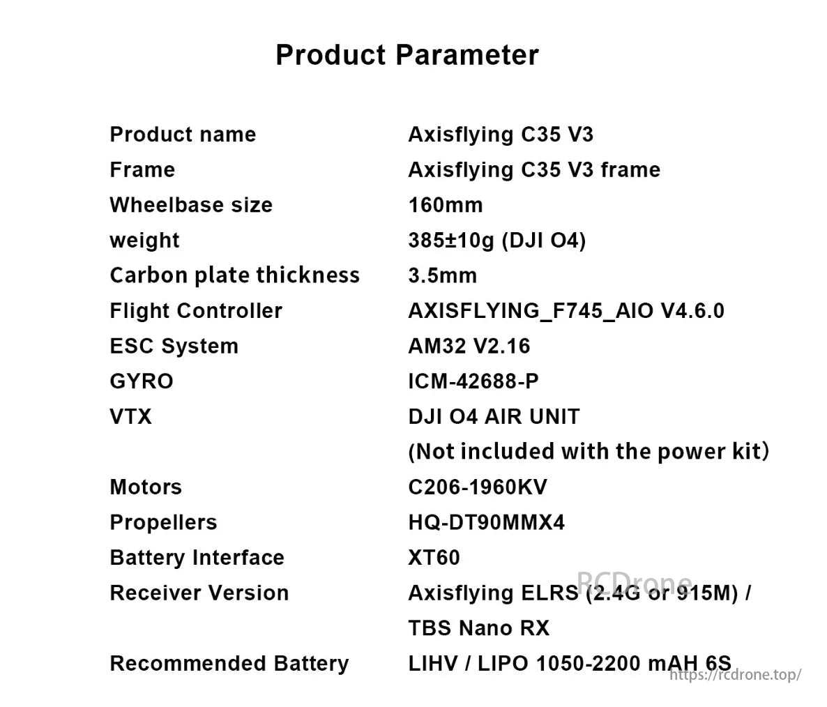Cineon C35 Cinewhoop Drone, C35 V3 drone features 160mm wheelbase, F745 controller, AM32 ESC, ICM-42688-P gyro, DJI O4 VTX, C206 motors, HQ-DT props, XT60 interface, ELRS receiver, and 6S battery.