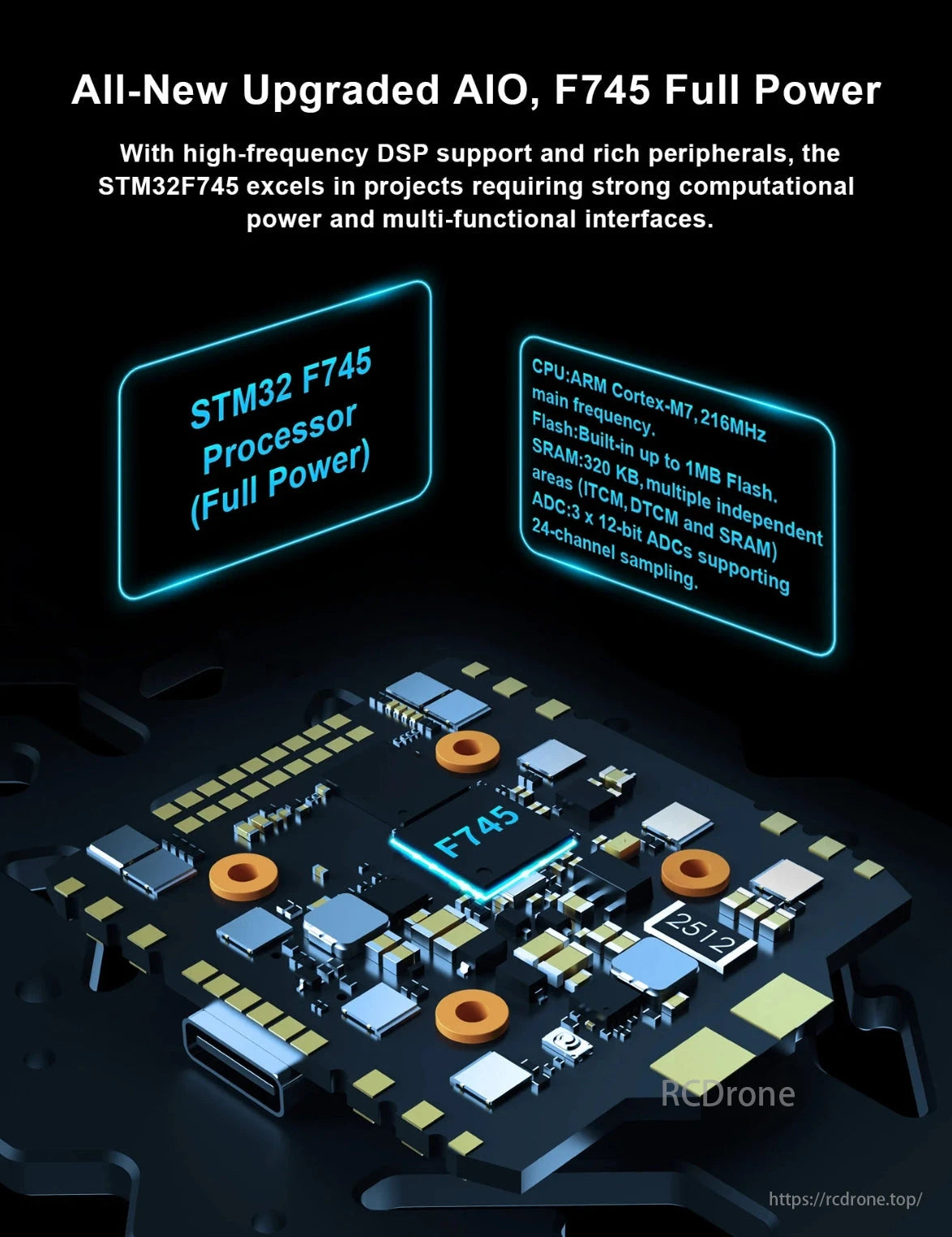 Cineon C35 Cinewhoop Drone, All-New Upgraded AIO, F745 Full Power. STM32F745 with ARM Cortex-M7 CPU, 216MHz, 1MB Flash, 320KB SRAM, and 3 x 12-bit ADC.