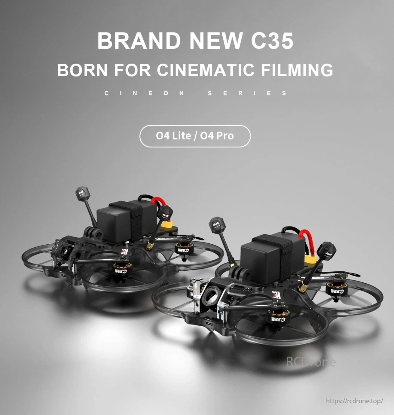 Cineon C35 Cinewhoop Drone, C35 and Cineon Series: O4 Lite/Pro, two drones designed for cinematic filming with advanced features for high-quality video capture.