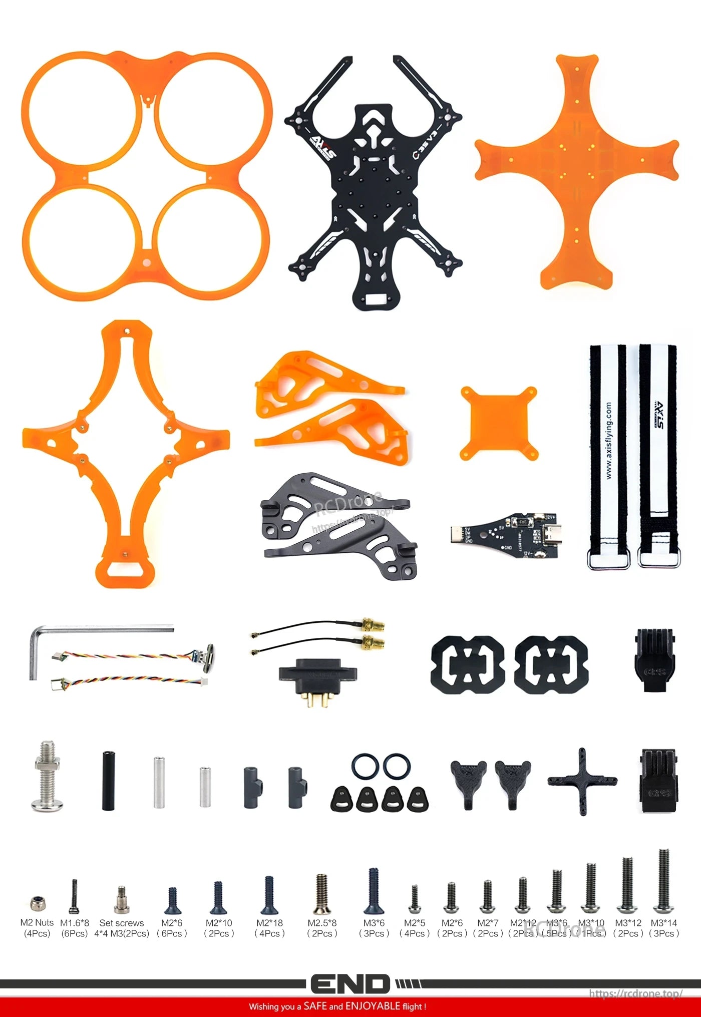 The Cineon C35 FPV Drone includes frame parts, motors, propellers, screws, nuts, safety straps, and electronics for safe, enjoyable flying.