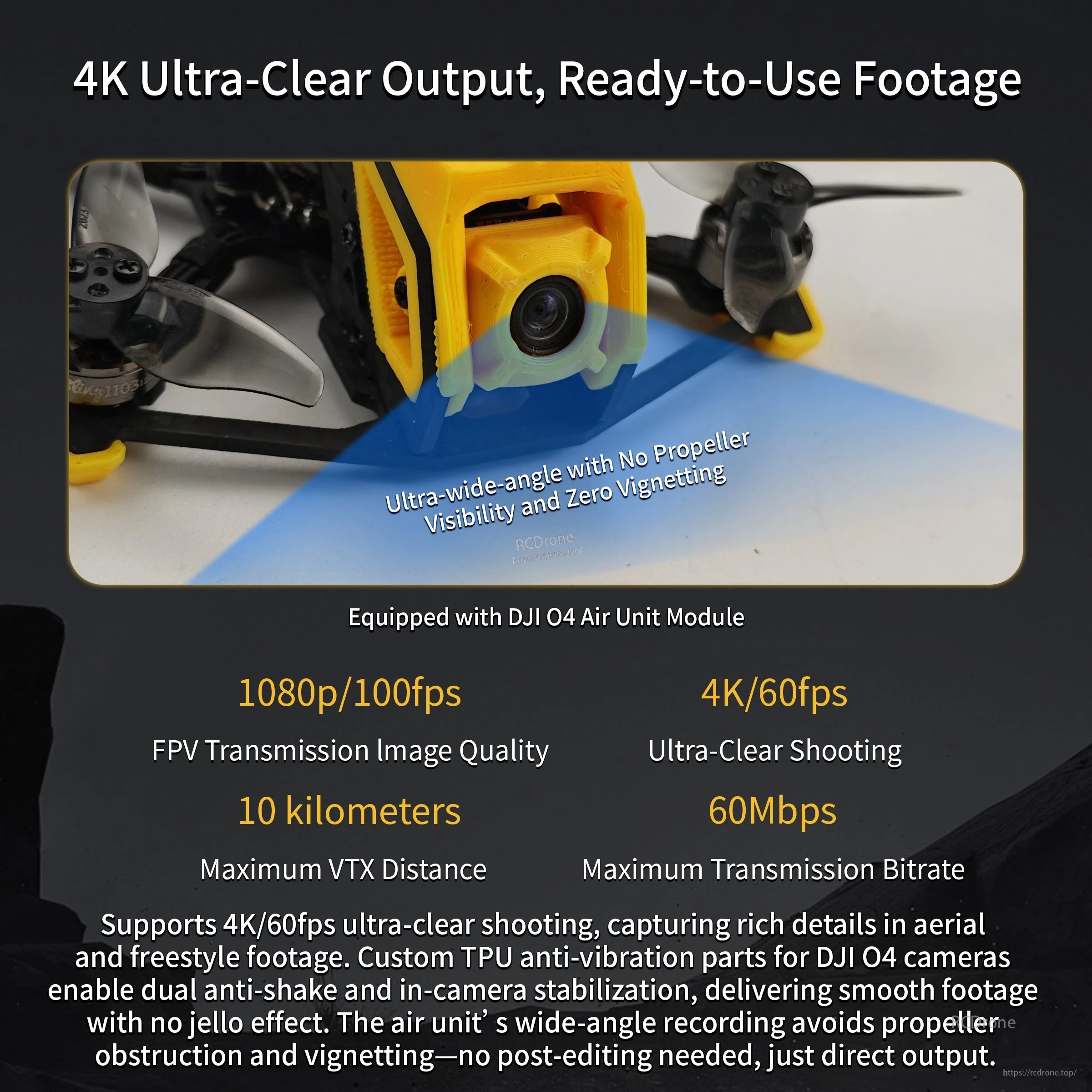 Close-up of BabyApe III front camera with DJI O4 Air Unit specs: 1080p/100fps, 4K/60fps, 60Mbps