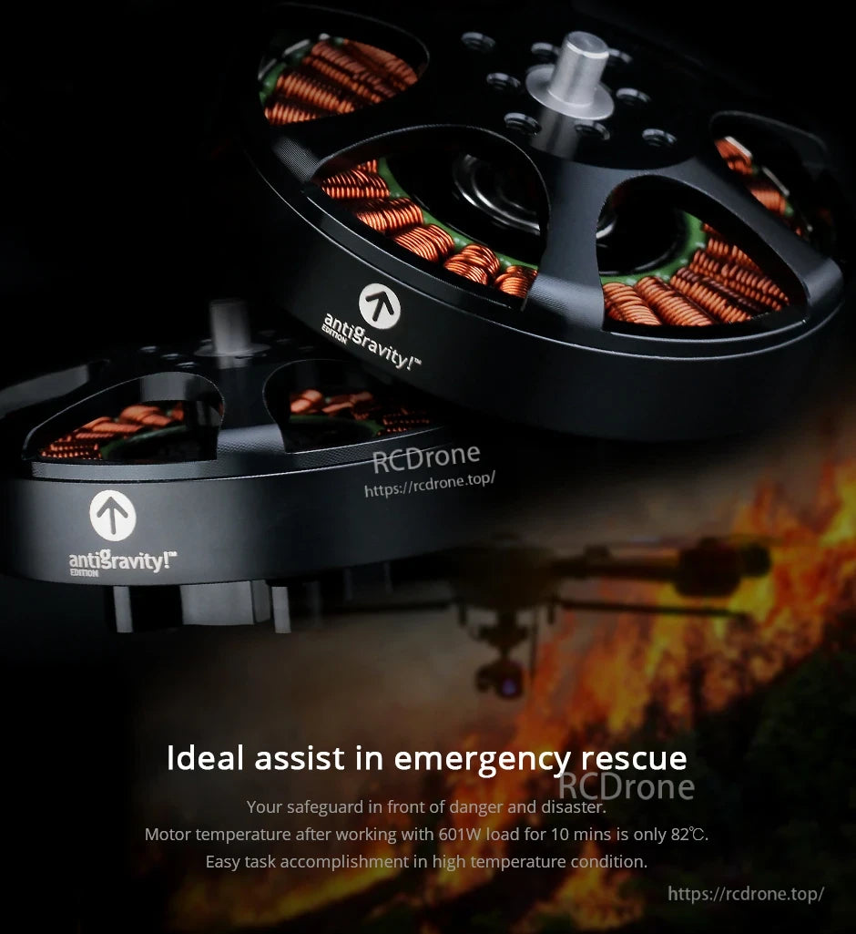 Close-up of T-Motor Antigravity Edition brushless drone motor with open-frame rotor and copper windings