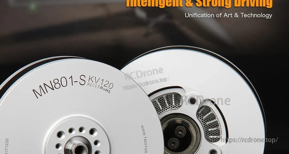 Close-up of T-Motor MN801-S KV120 brushless motor with silver housing and mounting holes.
