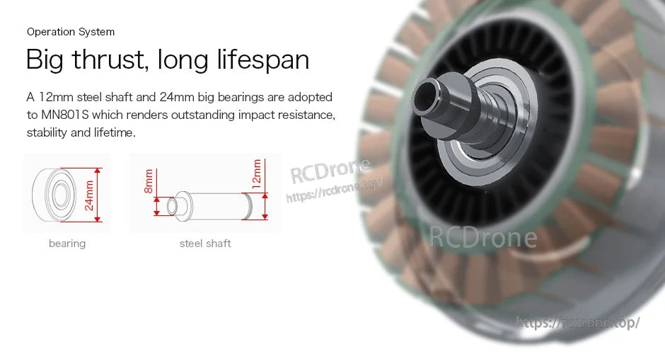 Close-up of T-Motor MN801S motor rotor with 12mm steel shaft and 24mm bearing dimension diagram