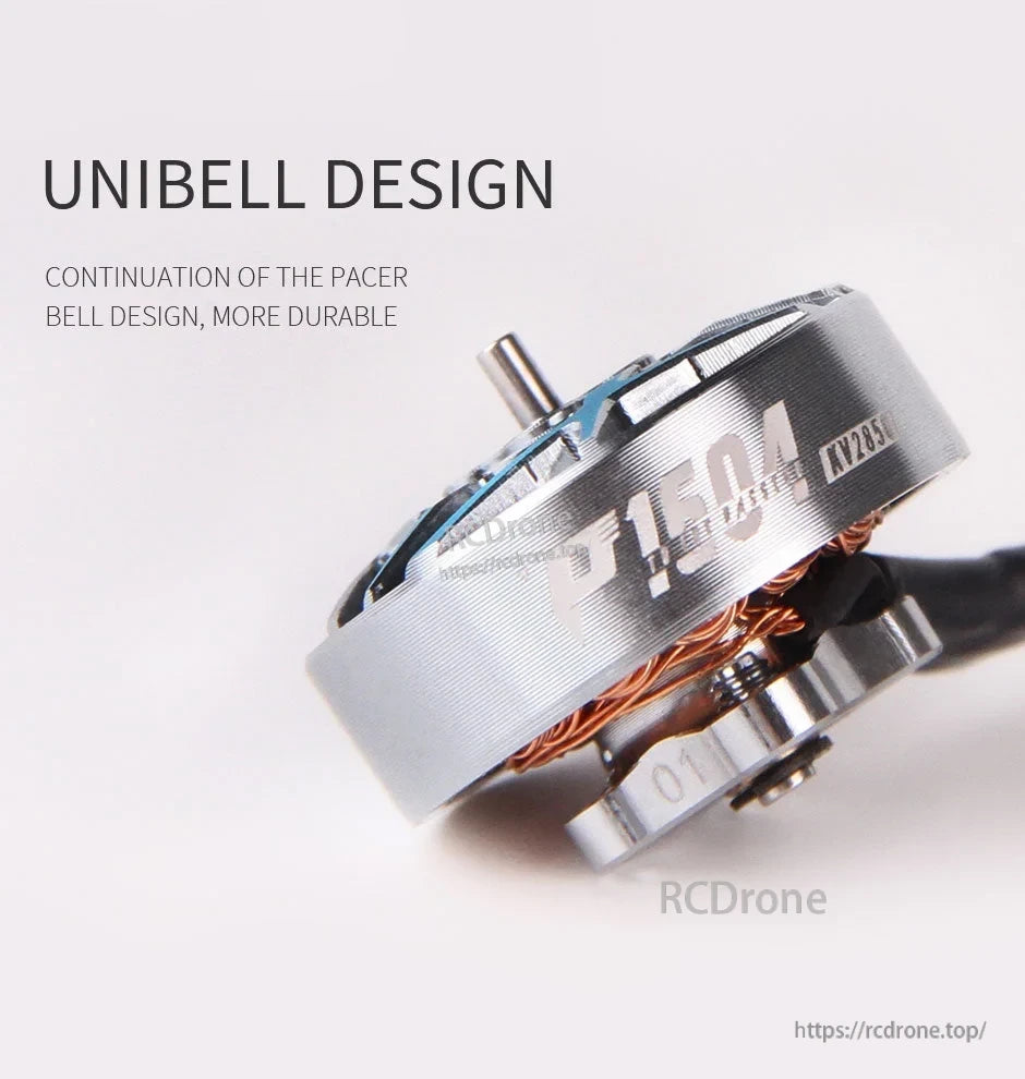 Close-up of T-Motor P1504 brushless motor with unibell bell design and KV2850 marking on the can
