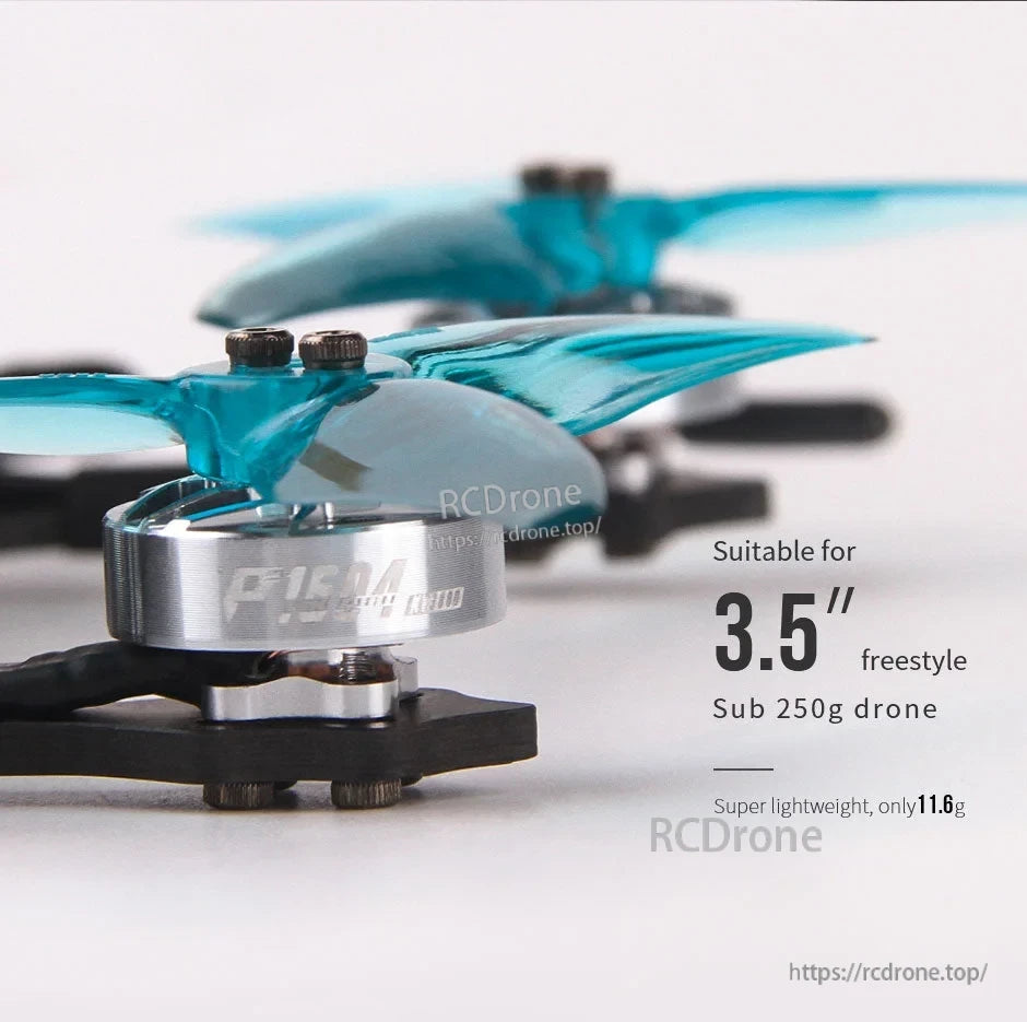 Close-up of T-Motor P1504 mini drone motor with blue propeller, suitable for 3.5" sub-250g freestyle builds