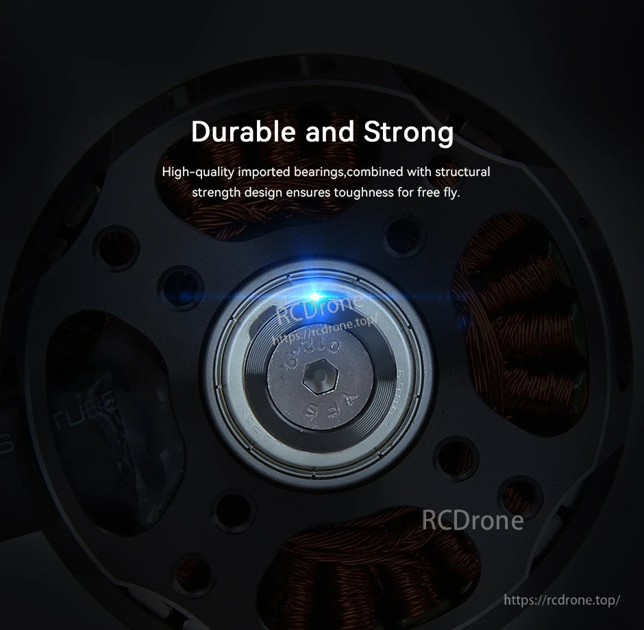 Close-up of T-Motor brushless motor rotor showing the central bearing and copper stator windings