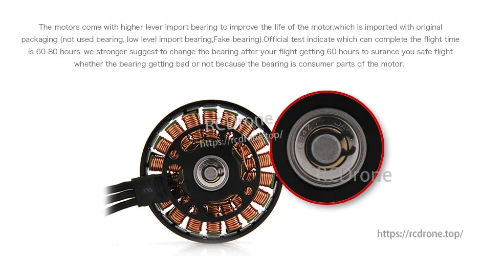Close-up of T-Motor brushless motor stator with copper windings and an enlarged view of the bearing