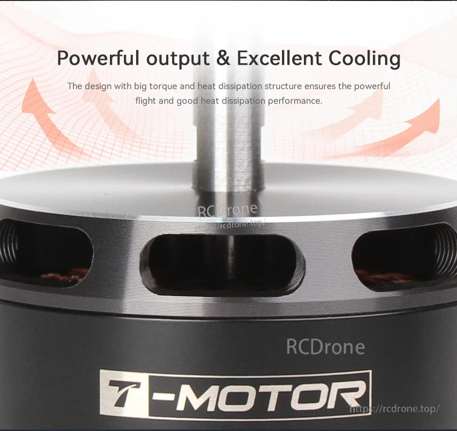 Close-up of T-Motor brushless motor with vented aluminum housing and steel shaft for cooling airflow