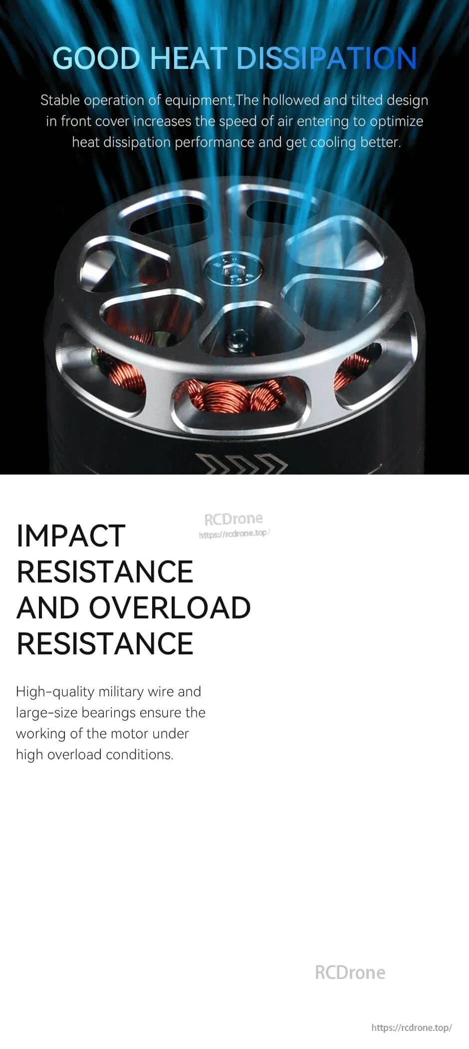 Close-up of T-Motor brushless motor with vented top cover and visible copper windings for airflow