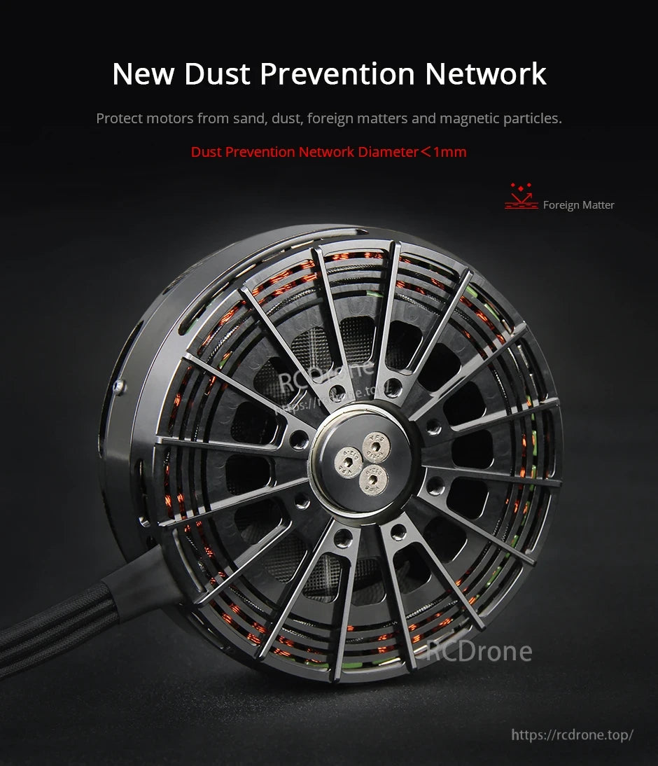 Close-up of a T-Motor brushless motor with a dust prevention mesh screen and vented top cover