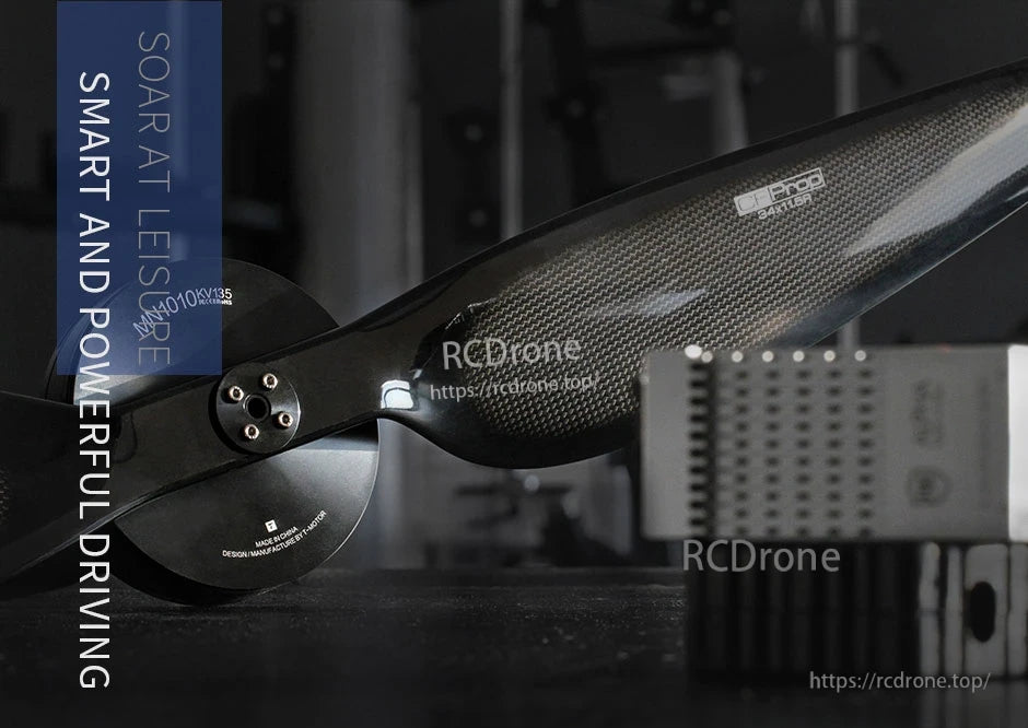 Close-up of a T-Motor carbon fiber drone propeller with CF PRO series label and central mounting hub